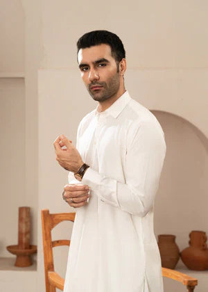 Alif by Buraq Online Mens RTW Solids Wash and Wear Kurta Shalwar White Collared - Casual Collection