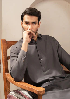 Alif by Buraq Online Mens RTW Solids Wash and Wear Kurta Shalwar Grey Collared - Casual Collection