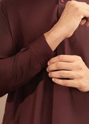 Alif by Buraq Online Mens RTW Solids Wash and Wear Kurta Shalwar Maroon Collared - Casual Collection