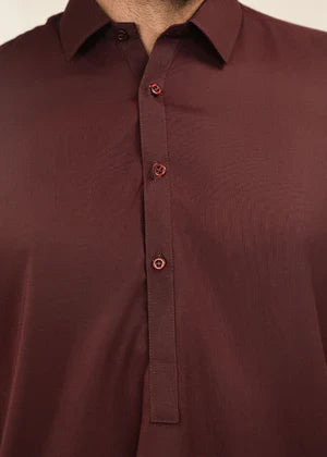 Alif by Buraq Online Mens RTW Solids Wash and Wear Kurta Shalwar Maroon Collared - Casual Collection