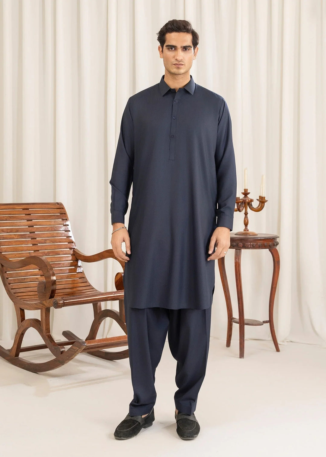 Alif by Buraq Online Mens RTW Solids Wash and Wear Kurta Shalwar Blue Collared - Casual Collection