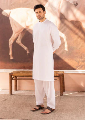 Alif by Buraq Online Mens RTW Solids Wash and Wear Kurta Shalwar White Ban - Casual Collection