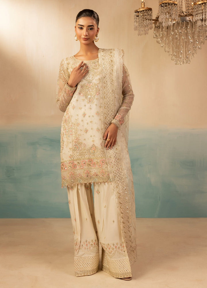 Essentials by Diara Couture Women Pret Embroidered Organza 3 Piece Suit Ramsha FS-01 Ivory - Wedding Collection