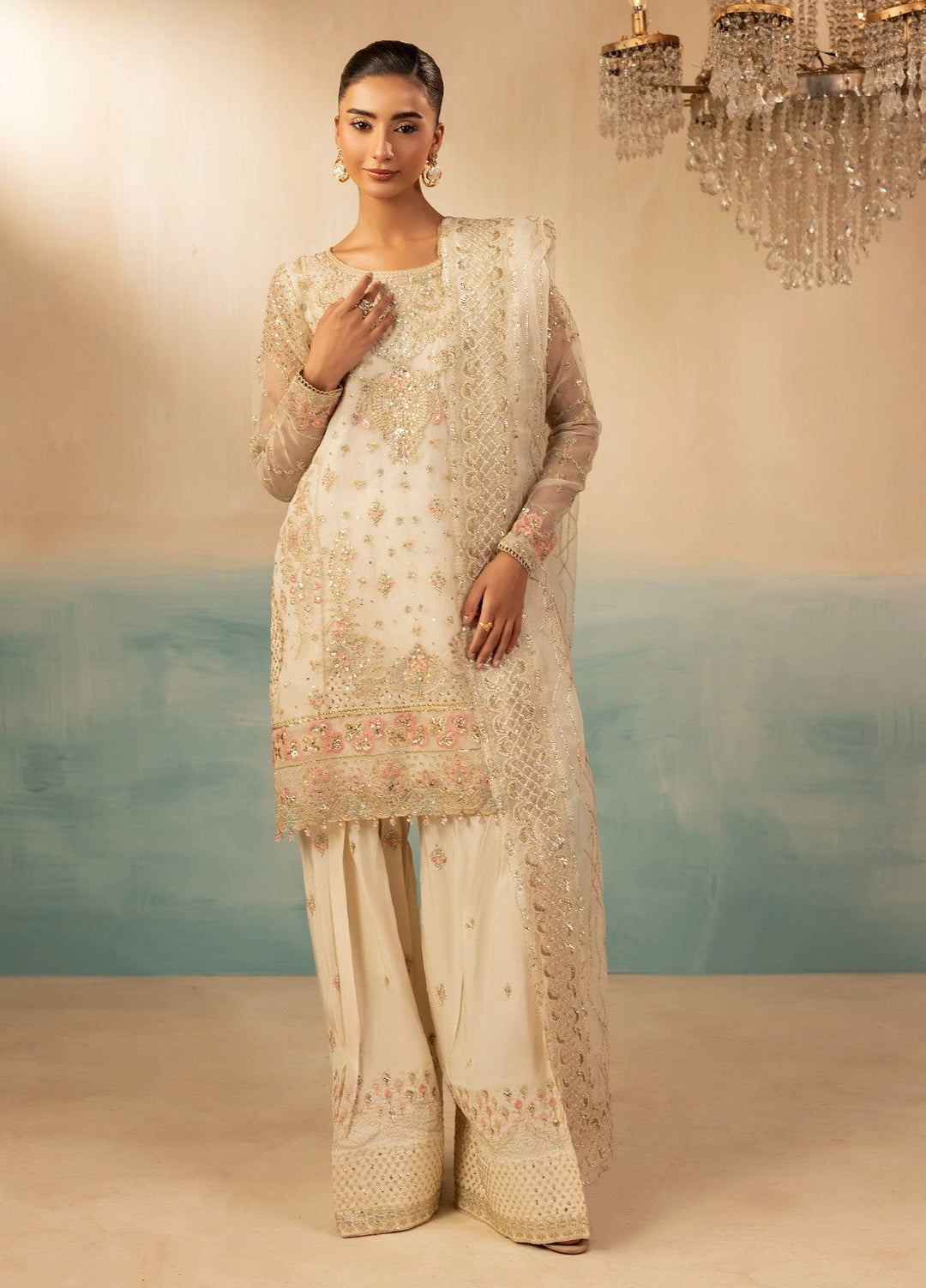 Essentials by Diara Couture Women Pret Embroidered Organza 3 Piece Suit Ramsha FS-01 Ivory - Wedding Collection