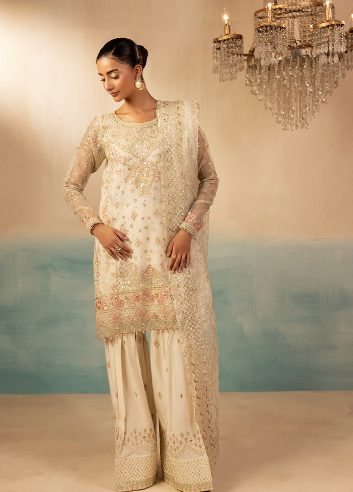 Essentials by Diara Couture Women Pret Embroidered Organza 3 Piece Suit Ramsha FS-01 Ivory - Wedding Collection