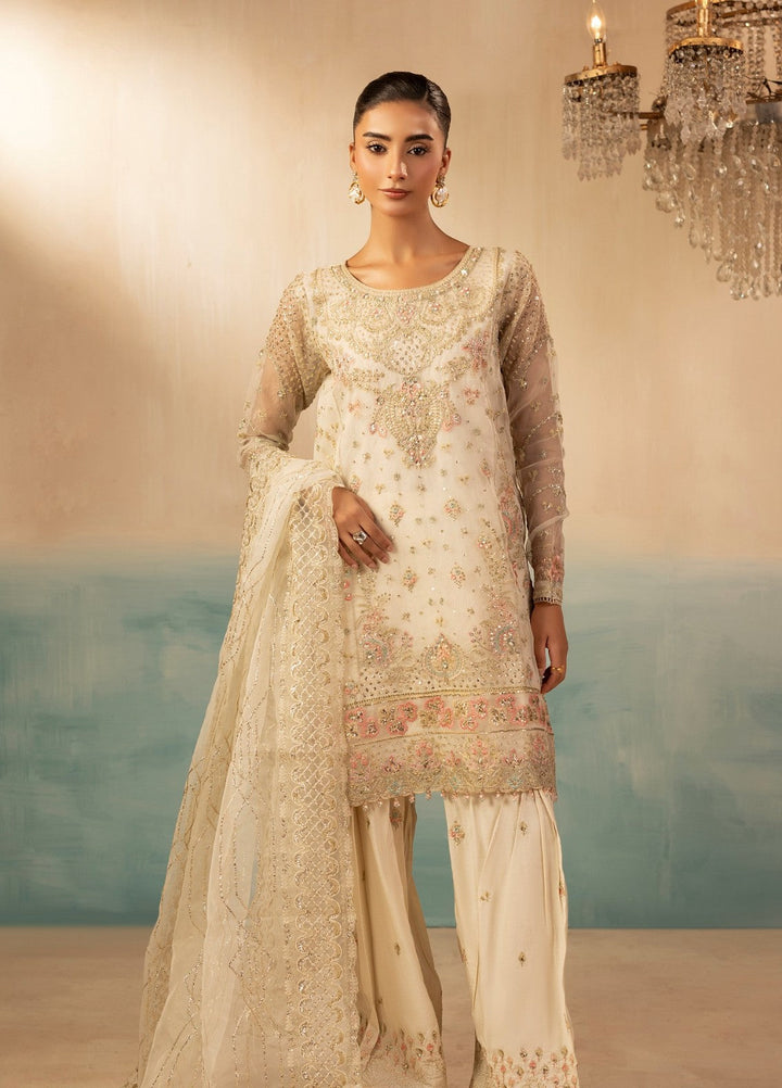 Essentials by Diara Couture Women Pret Embroidered Organza 3 Piece Suit Ramsha FS-01 Ivory - Wedding Collection