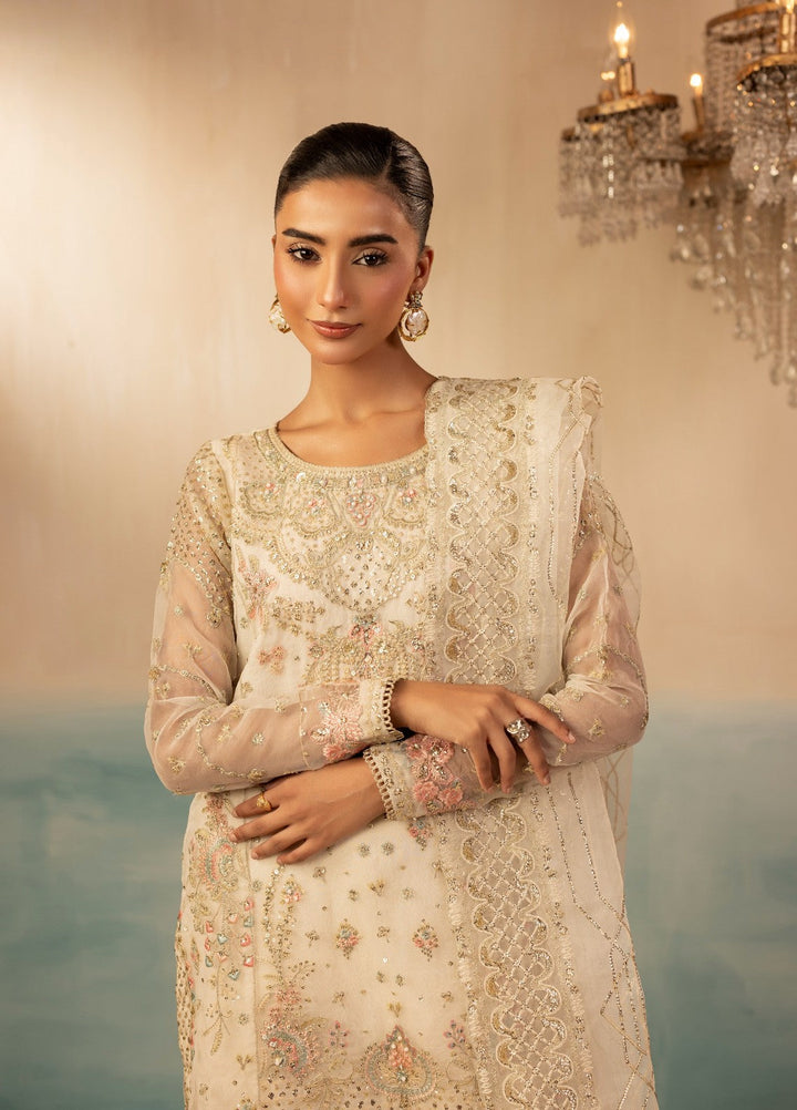 Essentials by Diara Couture Women Pret Embroidered Organza 3 Piece Suit Ramsha FS-01 Ivory - Wedding Collection