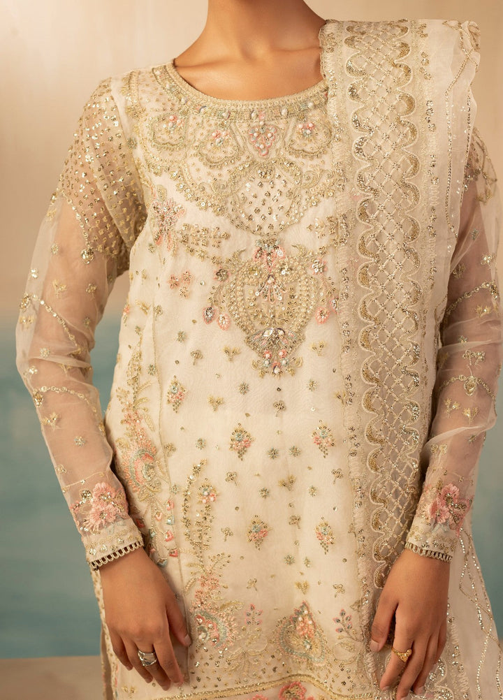 Essentials by Diara Couture Women Pret Embroidered Organza 3 Piece Suit Ramsha FS-01 Ivory - Wedding Collection