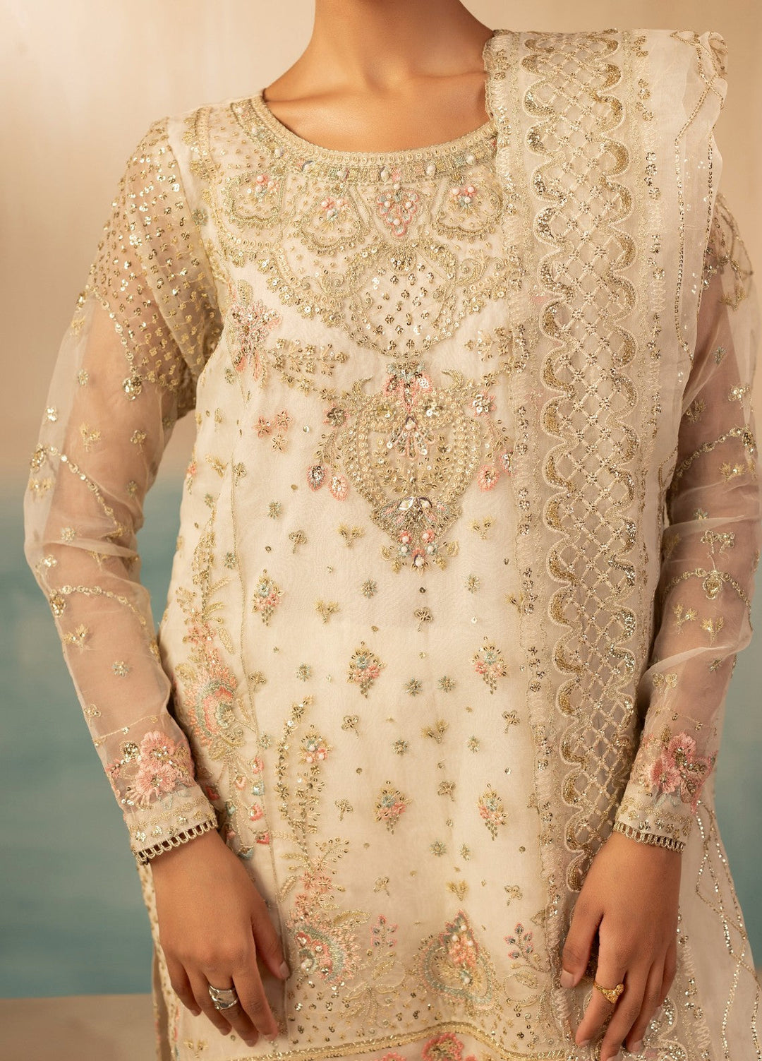 Essentials by Diara Couture Women Pret Embroidered Organza 3 Piece Suit Ramsha FS-01 Ivory - Wedding Collection