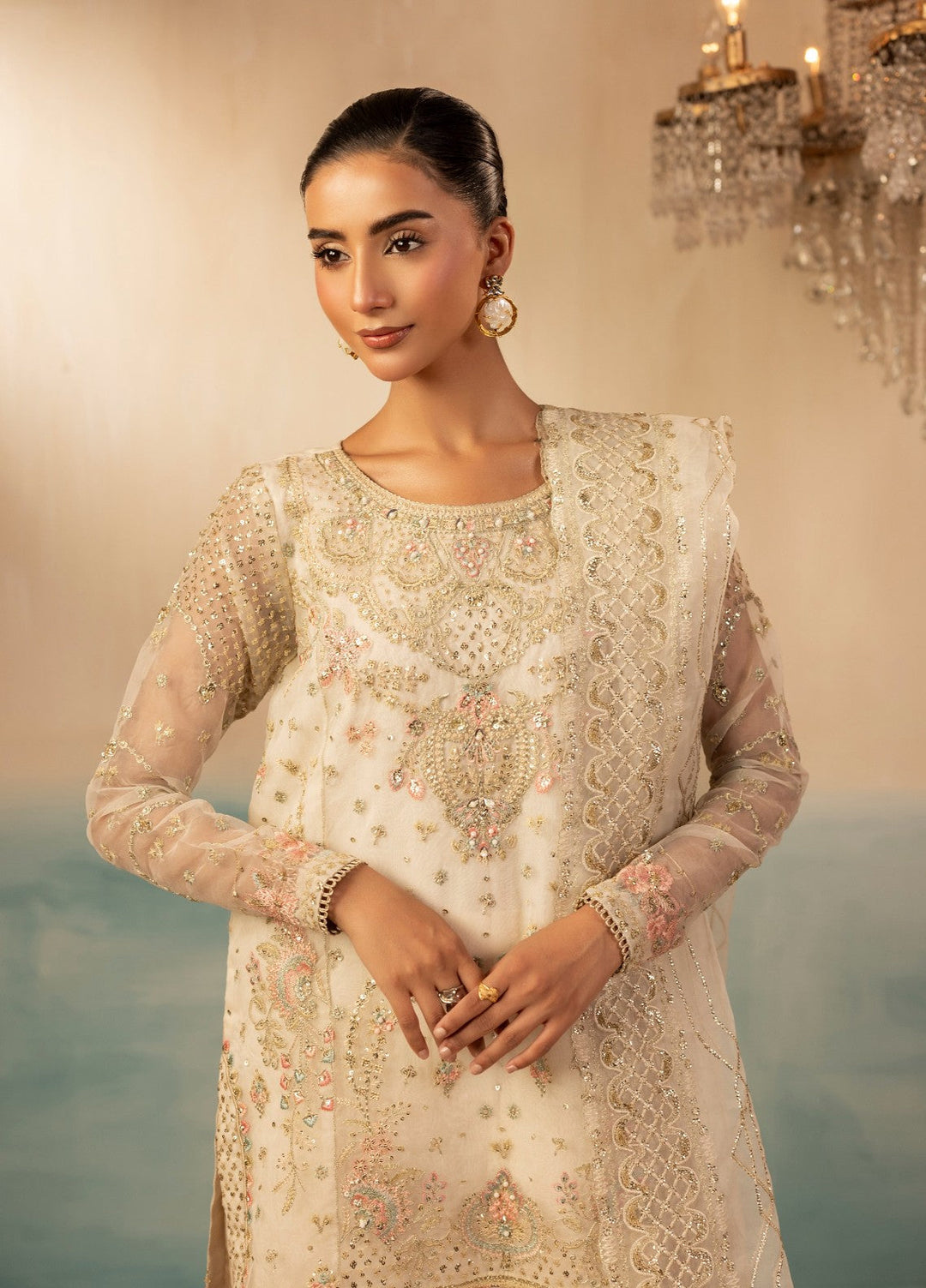 Essentials by Diara Couture Women Pret Embroidered Organza 3 Piece Suit Ramsha FS-01 Ivory - Wedding Collection