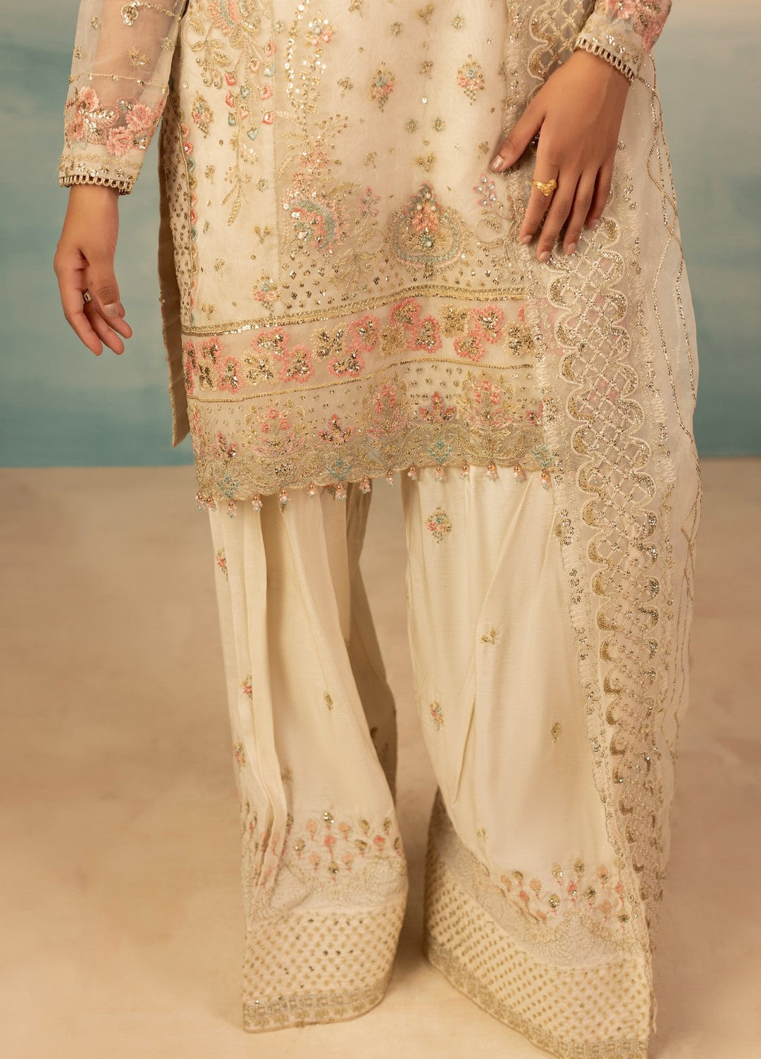 Essentials by Diara Couture Women Pret Embroidered Organza 3 Piece Suit Ramsha FS-01 Ivory - Wedding Collection