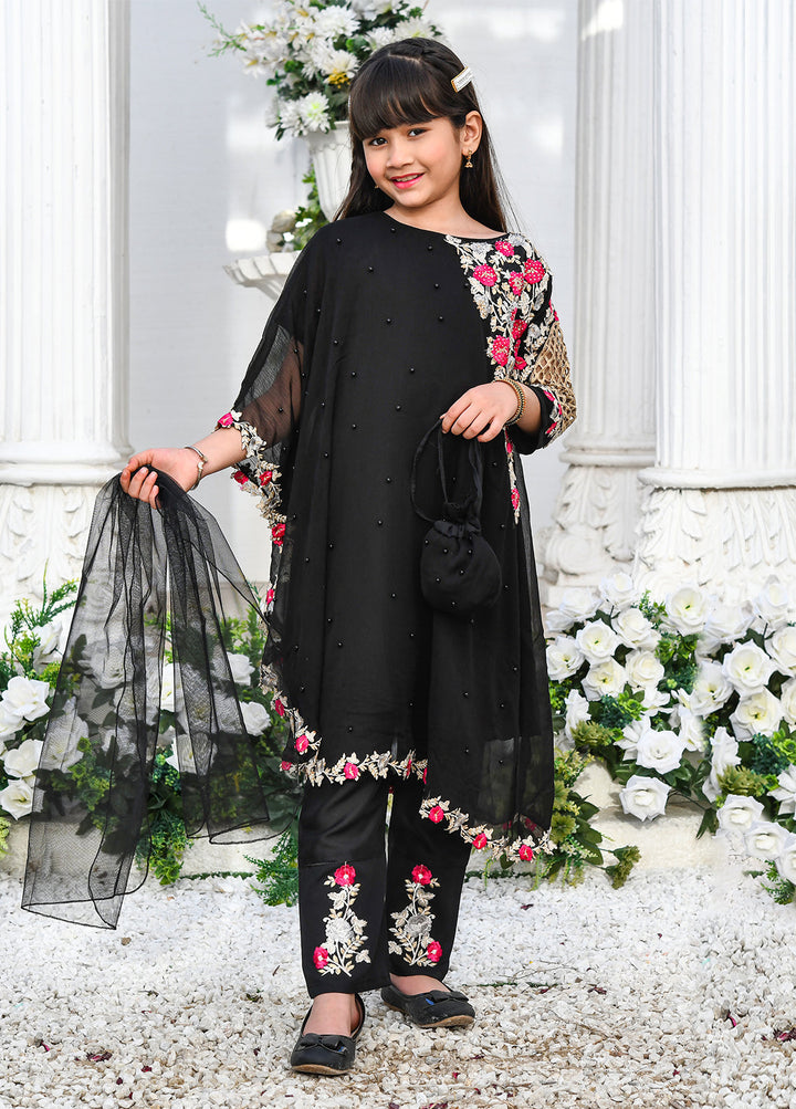 Modest Girls Pret Embroidered Chiffon 3 Piece Suit Black - Wedding Collection