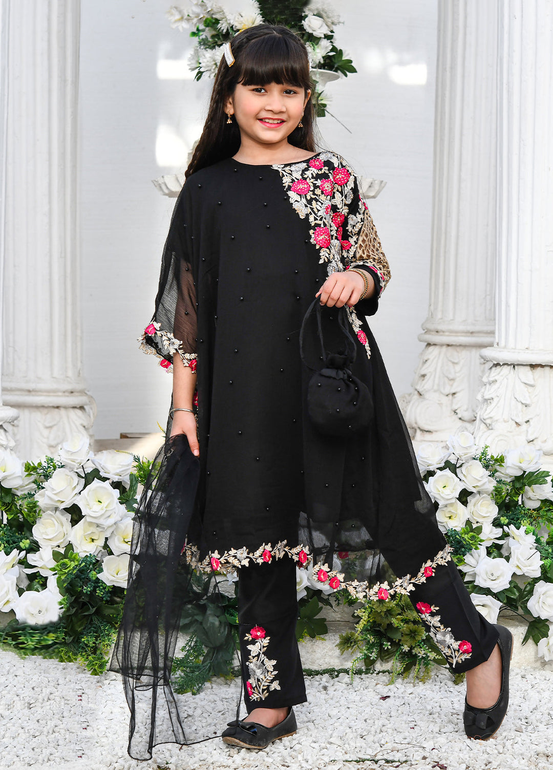 Modest Girls Pret Embroidered Chiffon 3 Piece Suit Black - Wedding Collection