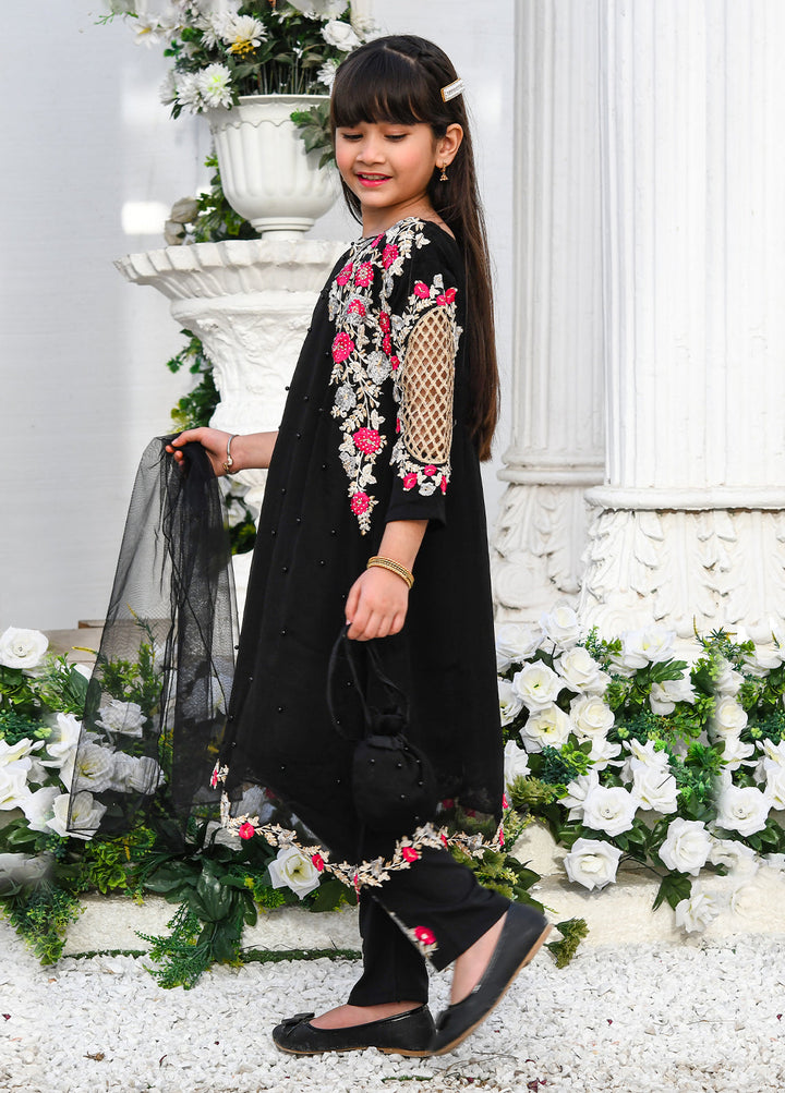 Modest Girls Pret Embroidered Chiffon 3 Piece Suit Black - Wedding Collection