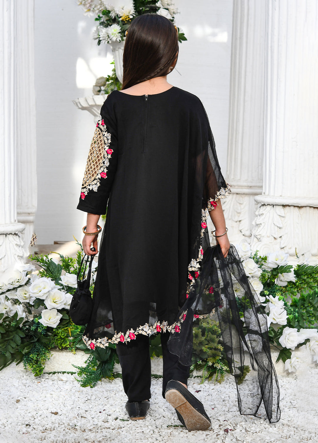 Modest Girls Pret Embroidered Chiffon 3 Piece Suit Black - Wedding Collection