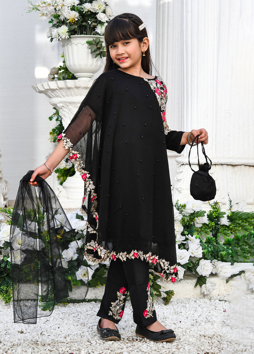 Modest Girls Pret Embroidered Chiffon 3 Piece Suit Black - Wedding Collection