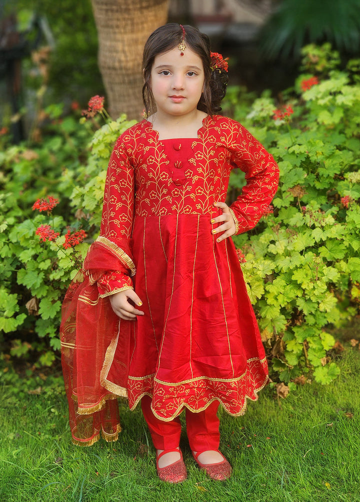 Modest Girls Pret Embroidered Cotton 3 Piece Suit Blooming Red - Wedding Collection
