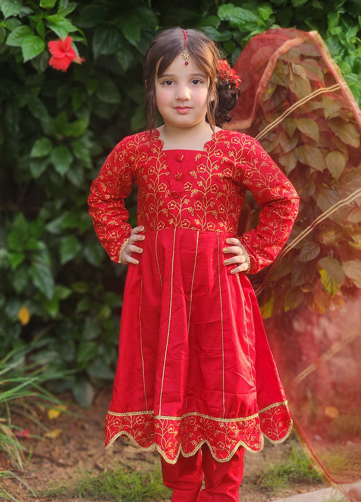 Modest Girls Pret Embroidered Cotton 3 Piece Suit Blooming Red - Wedding Collection