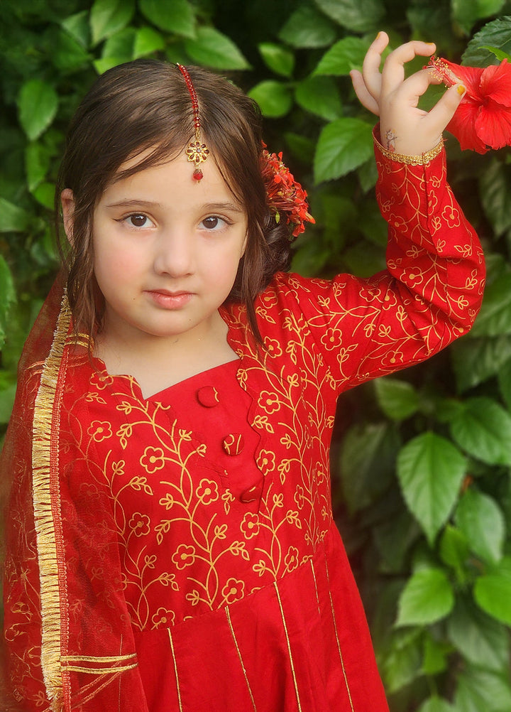 Modest Girls Pret Embroidered Cotton 3 Piece Suit Blooming Red - Wedding Collection