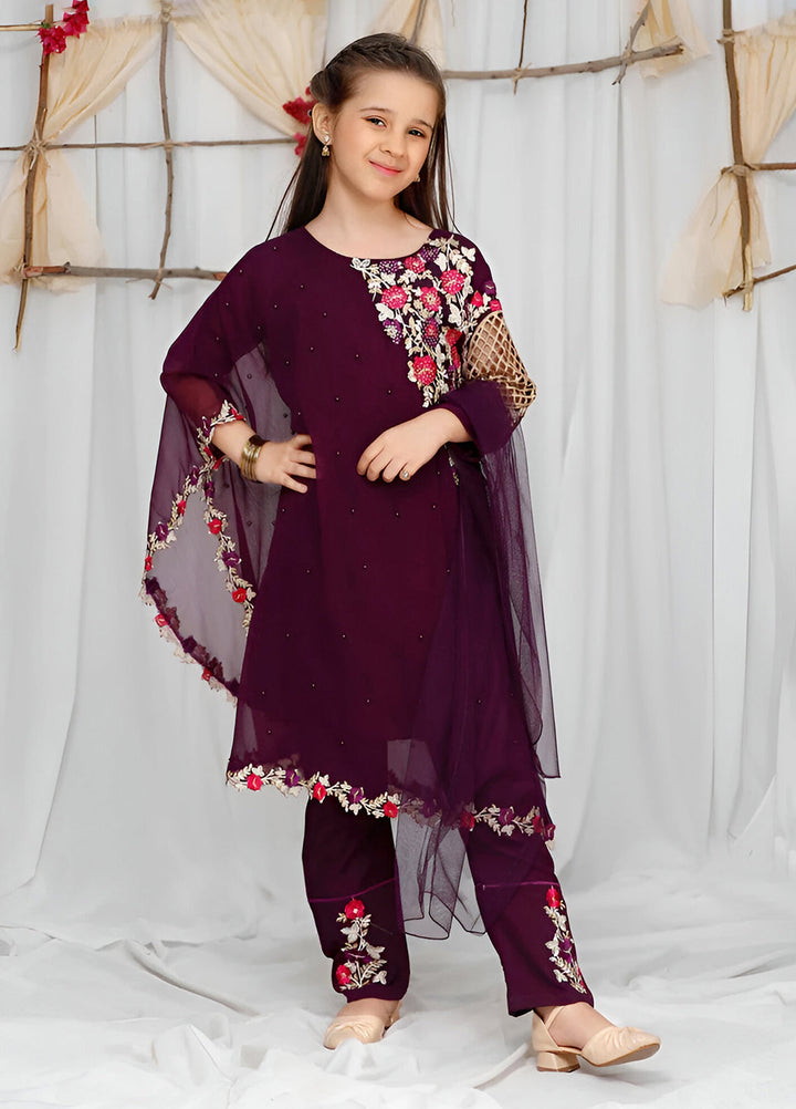 Modest Girls Pret Embroidered Chiffon 3 Piece Suit Purple - Wedding Collection