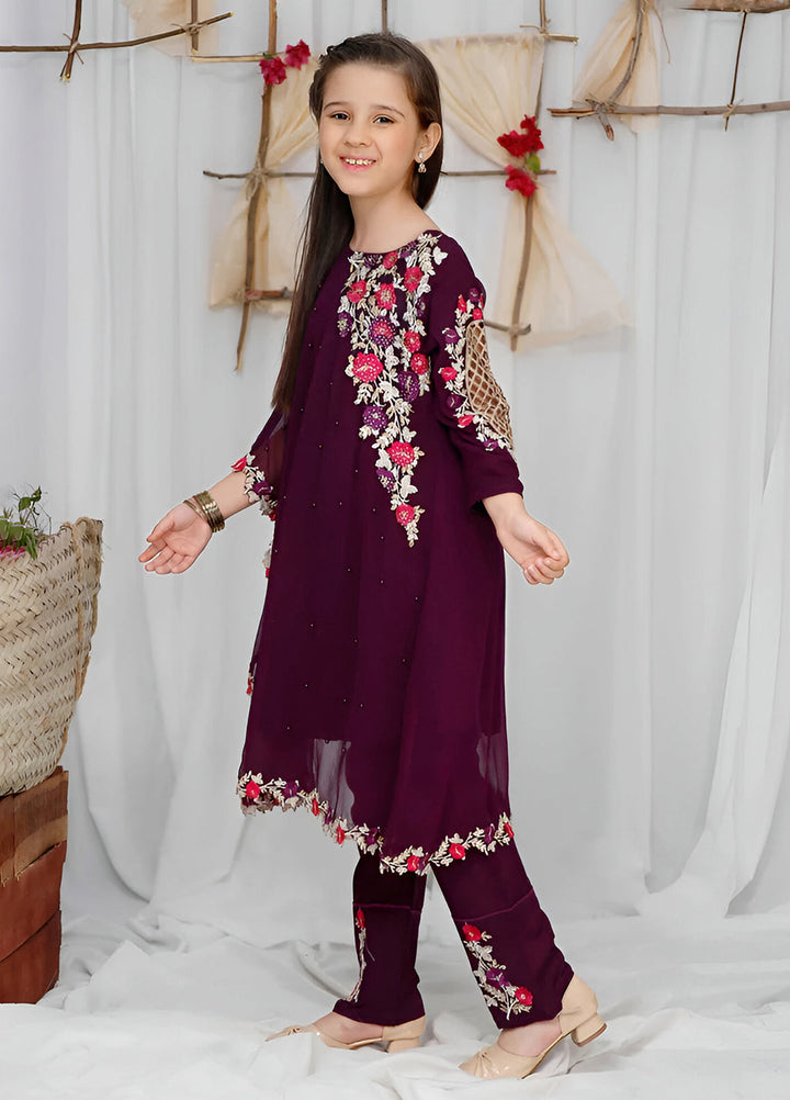 Modest Girls Pret Embroidered Chiffon 3 Piece Suit Purple - Wedding Collection