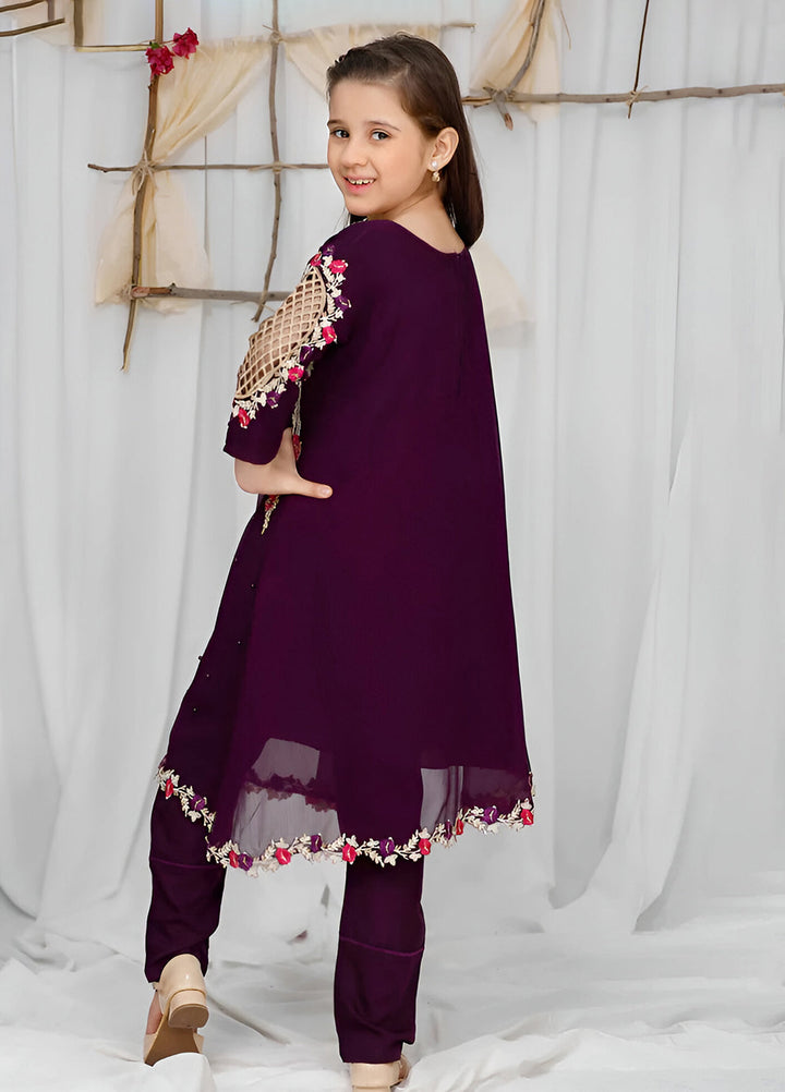 Modest Girls Pret Embroidered Chiffon 3 Piece Suit Purple - Wedding Collection