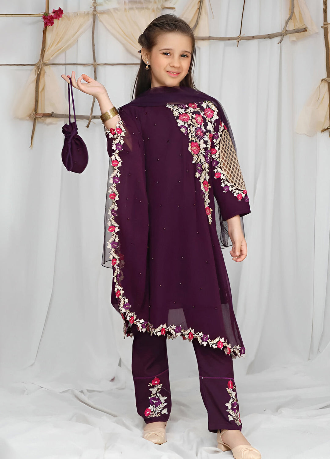 Modest Girls Pret Embroidered Chiffon 3 Piece Suit Purple - Wedding Collection