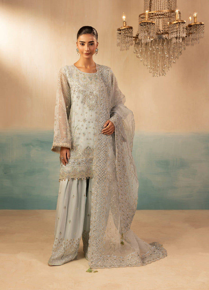 Essentials by Diara Couture Women Pret Embroidered Organza 3 Piece Suit Ramsha FS-01 Ice Blue - Wedding Collection