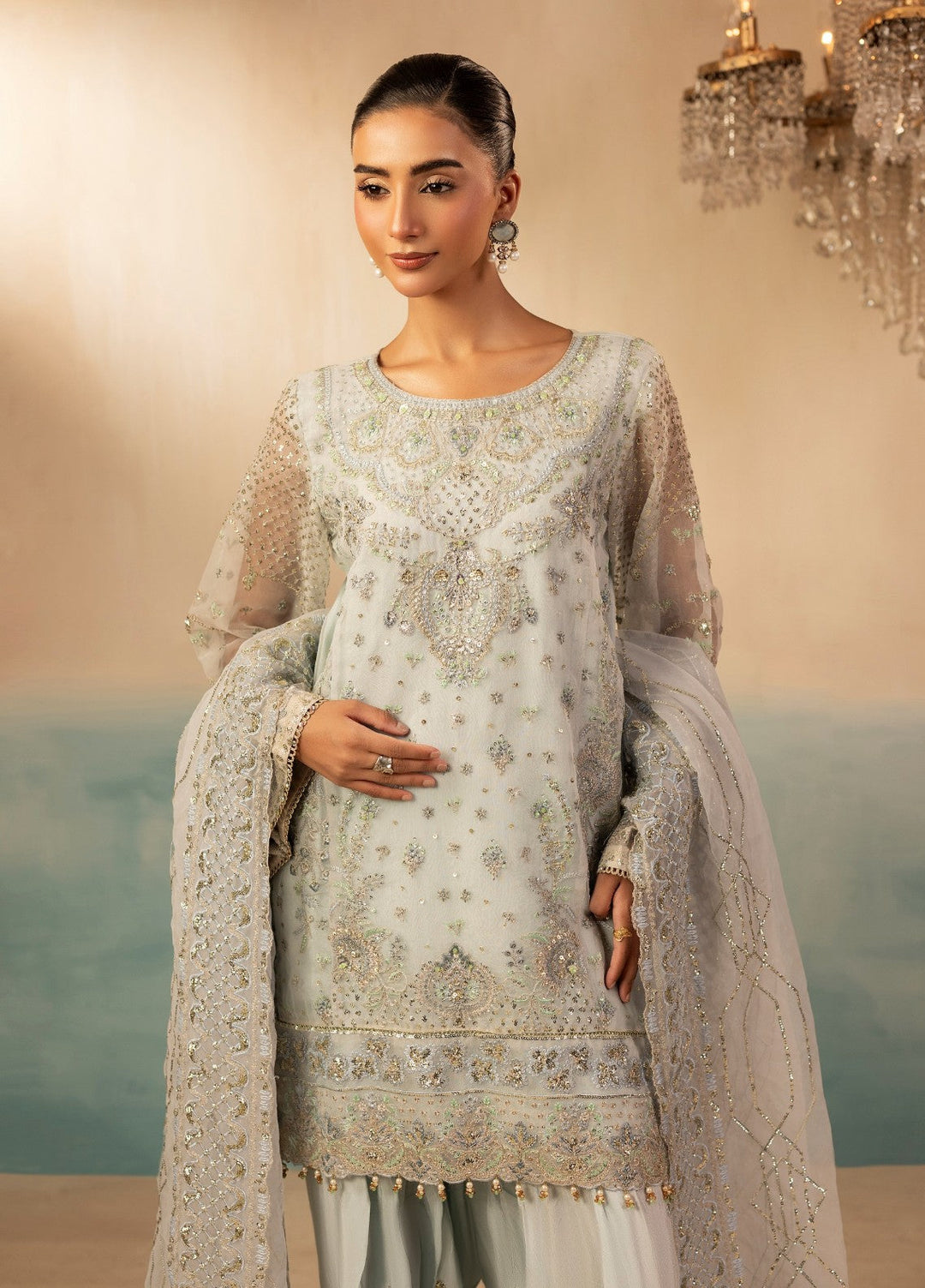 Essentials by Diara Couture Women Pret Embroidered Organza 3 Piece Suit Ramsha FS-01 Ice Blue - Wedding Collection