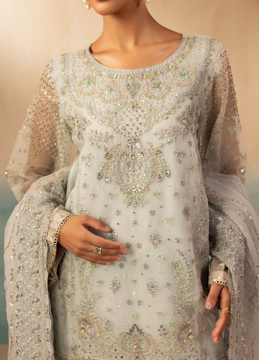 Essentials by Diara Couture Women Pret Embroidered Organza 3 Piece Suit Ramsha FS-01 Ice Blue - Wedding Collection