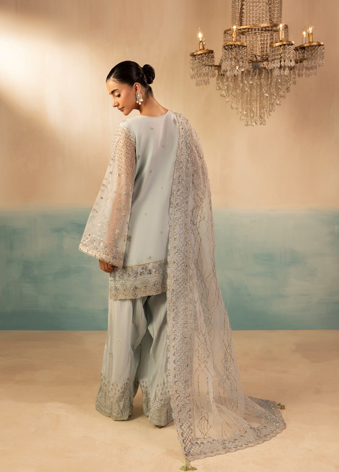 Essentials by Diara Couture Women Pret Embroidered Organza 3 Piece Suit Ramsha FS-01 Ice Blue - Wedding Collection