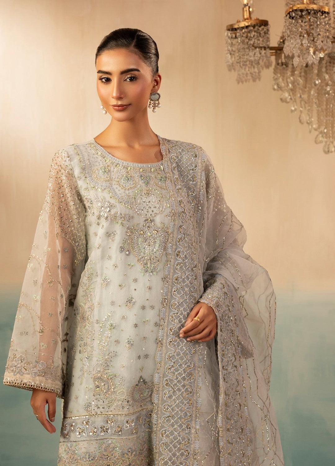 Essentials by Diara Couture Women Pret Embroidered Organza 3 Piece Suit Ramsha FS-01 Ice Blue - Wedding Collection