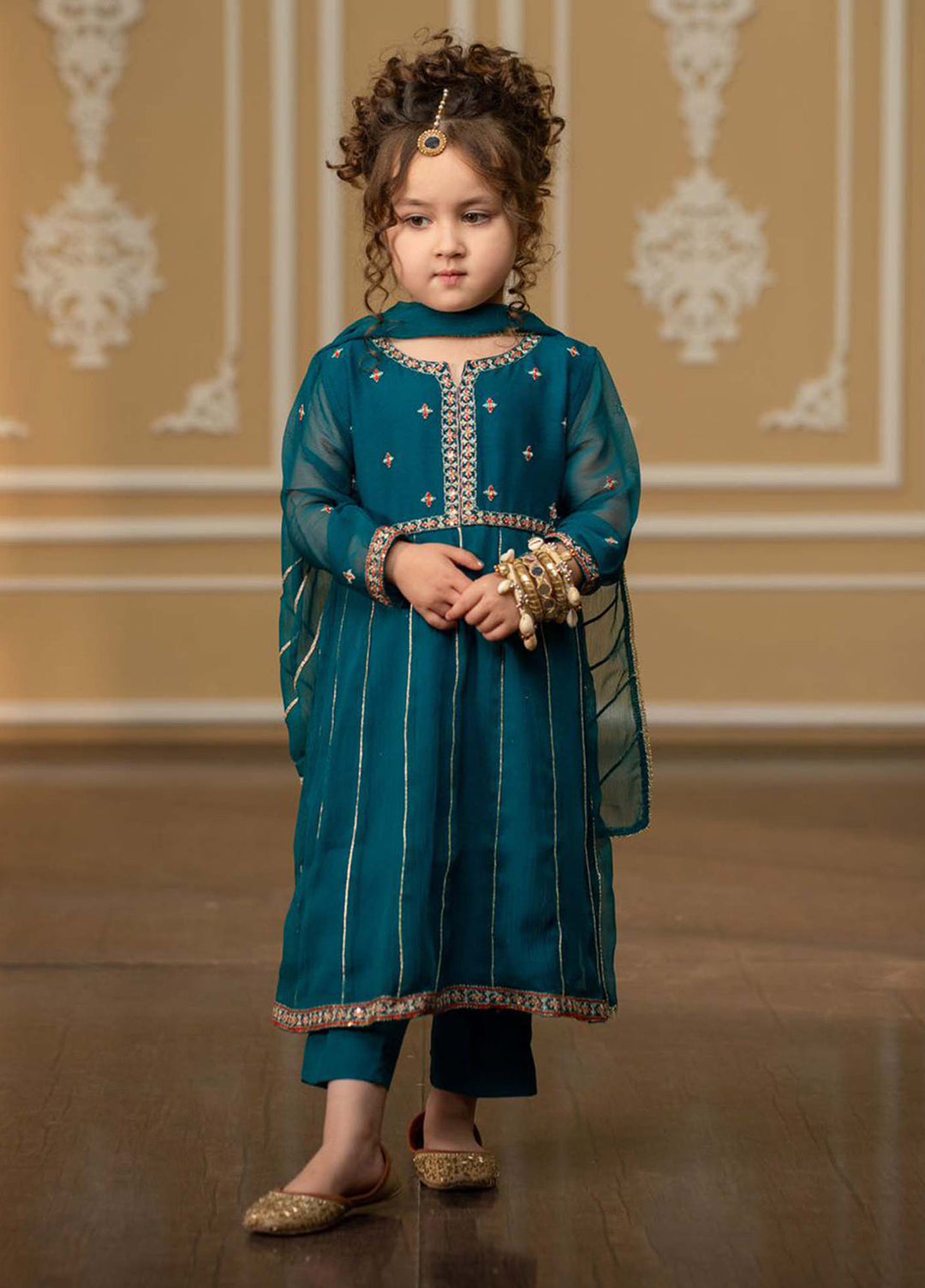 Modest Girls Pret Embroidered Chiffon 3 Piece Suit Green - Wedding Collection