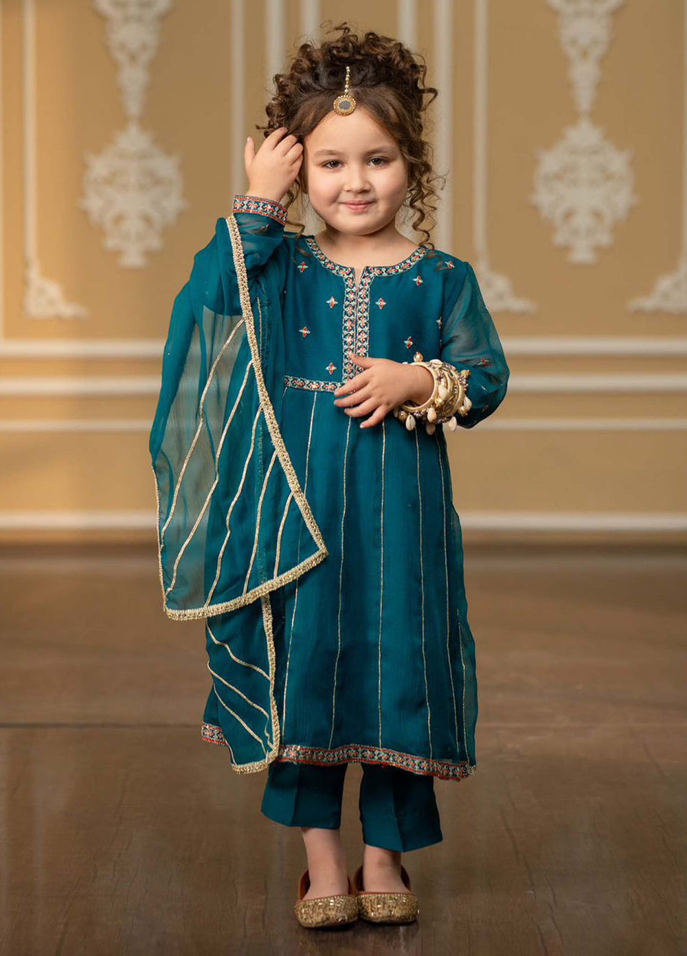 Modest Girls Pret Embroidered Chiffon 3 Piece Suit Green - Wedding Collection
