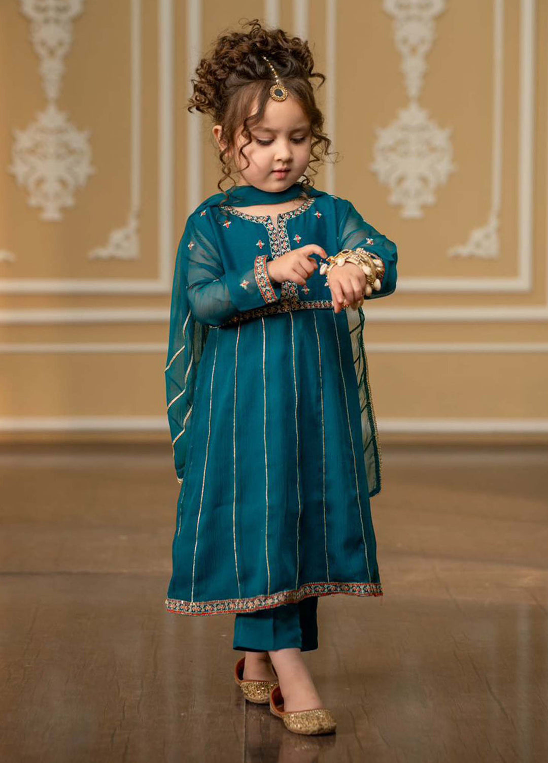 Modest Girls Pret Embroidered Chiffon 3 Piece Suit Green - Wedding Collection