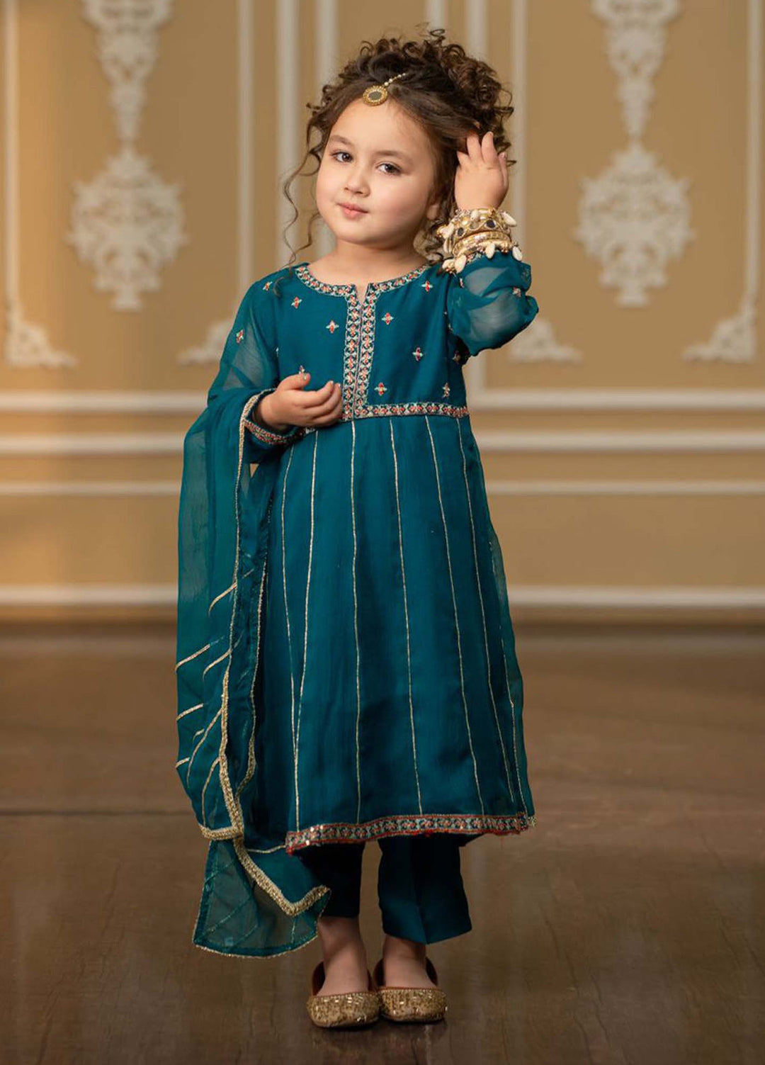 Modest Girls Pret Embroidered Chiffon 3 Piece Suit Green - Wedding Collection