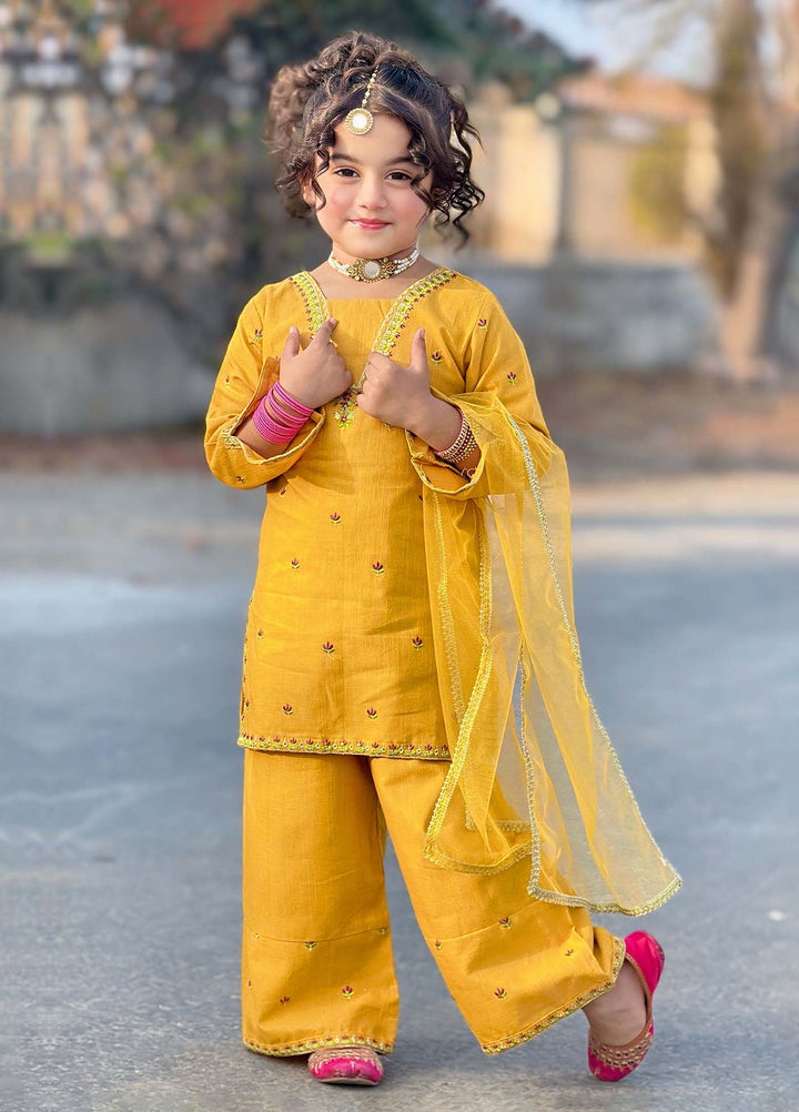 Modest Girls Pret Embroidered Khaddar 3 Piece Suit Yellow - Wedding Collection