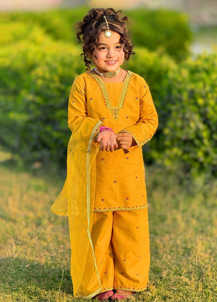 Modest Girls Pret Embroidered Khaddar 3 Piece Suit Yellow - Wedding Collection