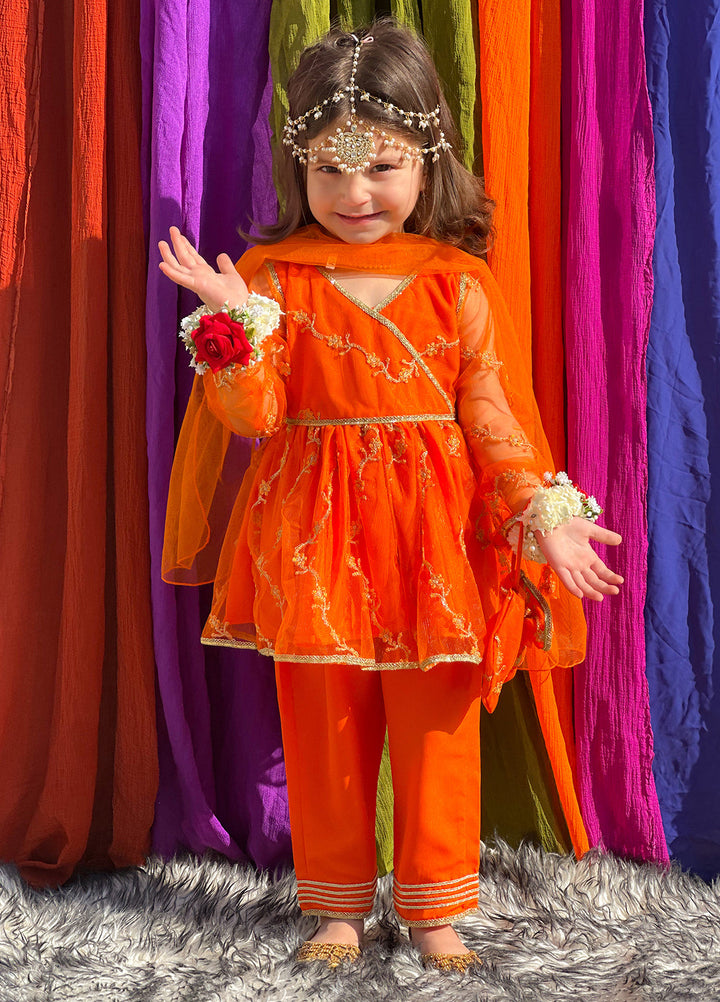 Modest Girls Pret Embroidered Net 3 Piece Suit Orange - Wedding Collection