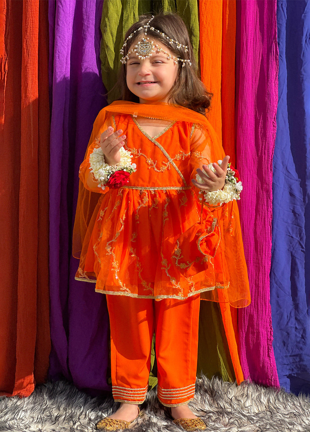 Modest Girls Pret Embroidered Net 3 Piece Suit Orange - Wedding Collection