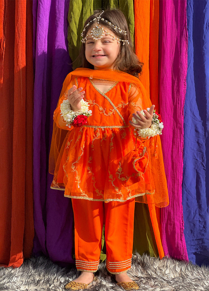 Modest Girls Pret Embroidered Net 3 Piece Suit Orange - Wedding Collection