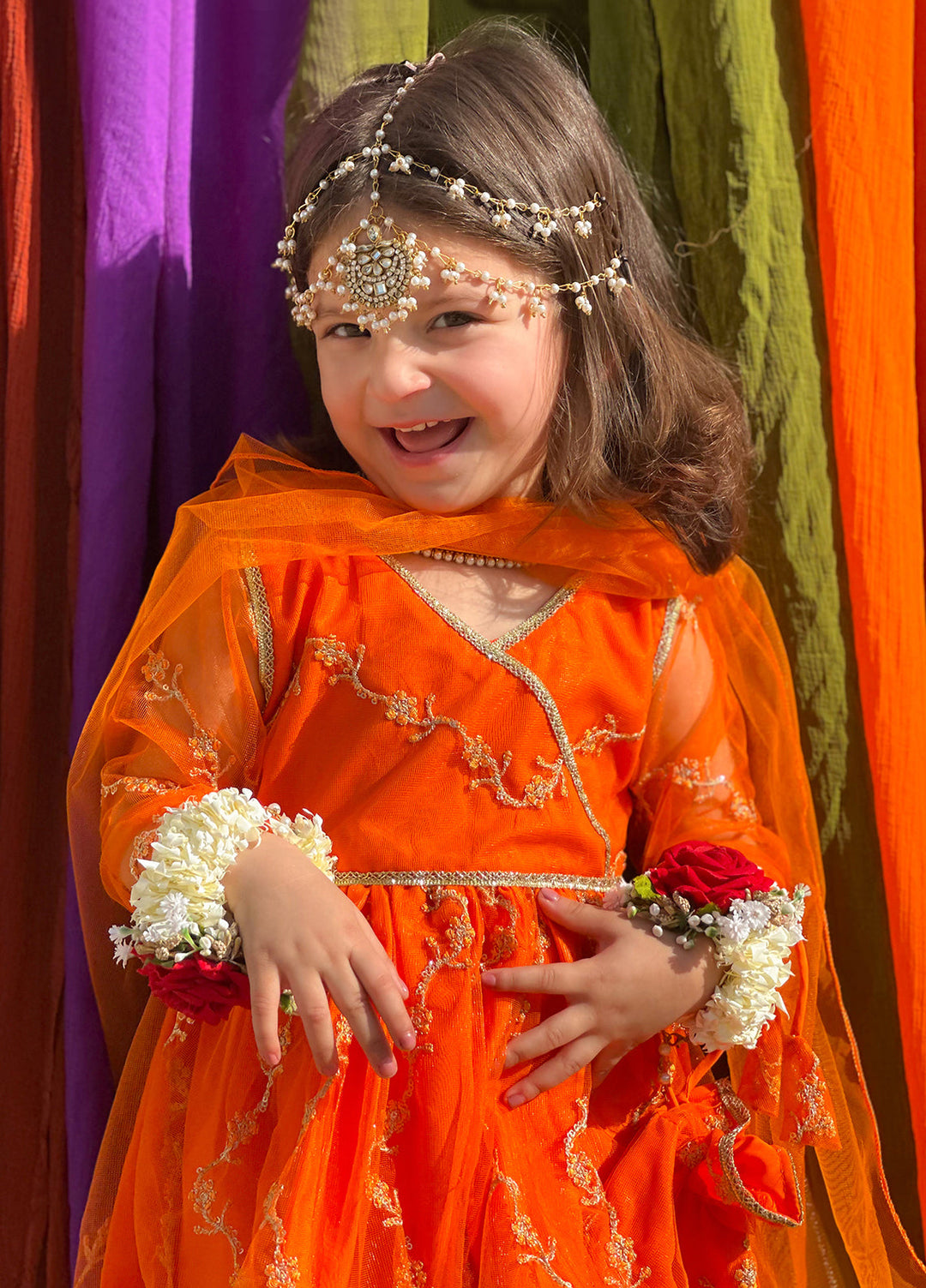 Modest Girls Pret Embroidered Net 3 Piece Suit Orange - Wedding Collection