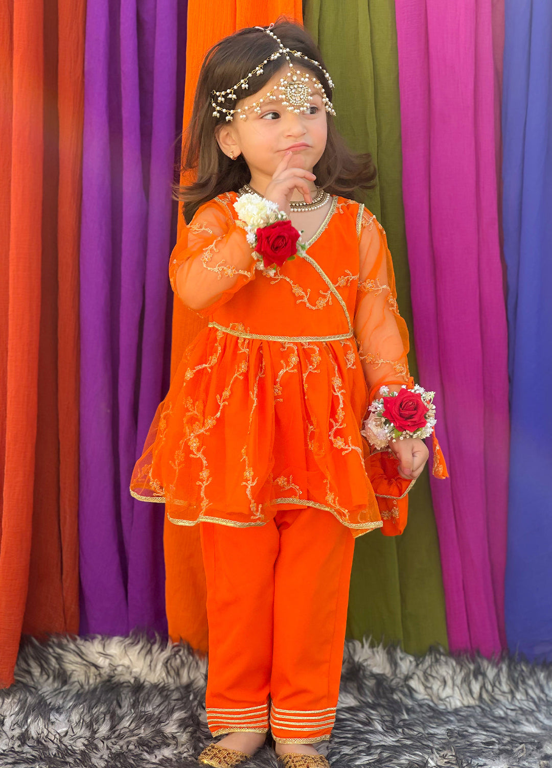 Modest Girls Pret Embroidered Net 3 Piece Suit Orange - Wedding Collection
