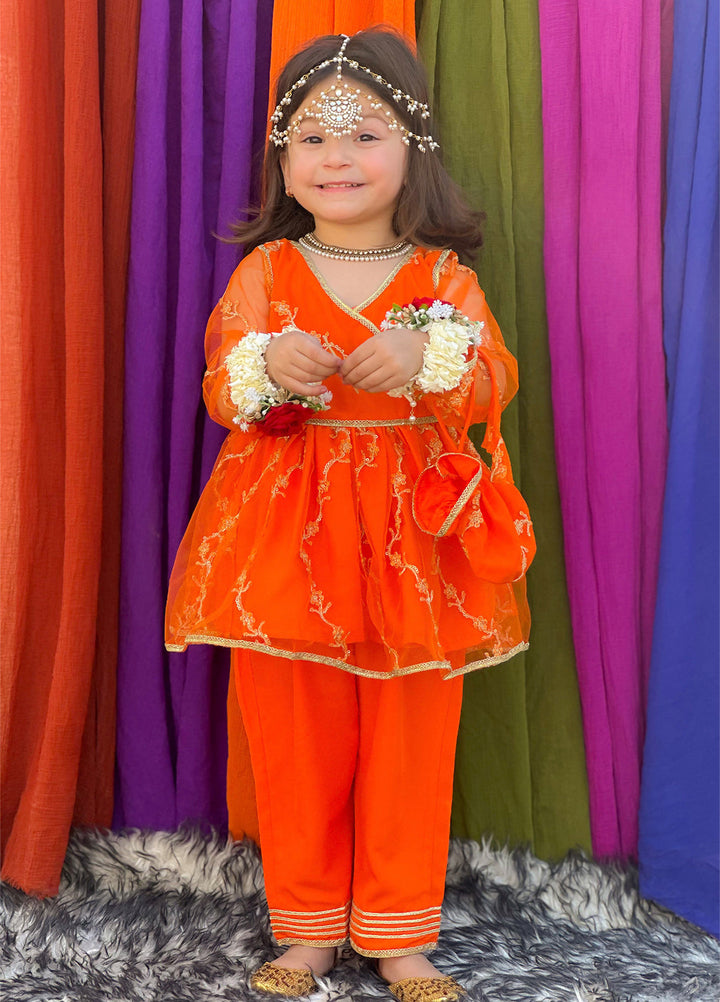 Modest Girls Pret Embroidered Net 3 Piece Suit Orange - Wedding Collection