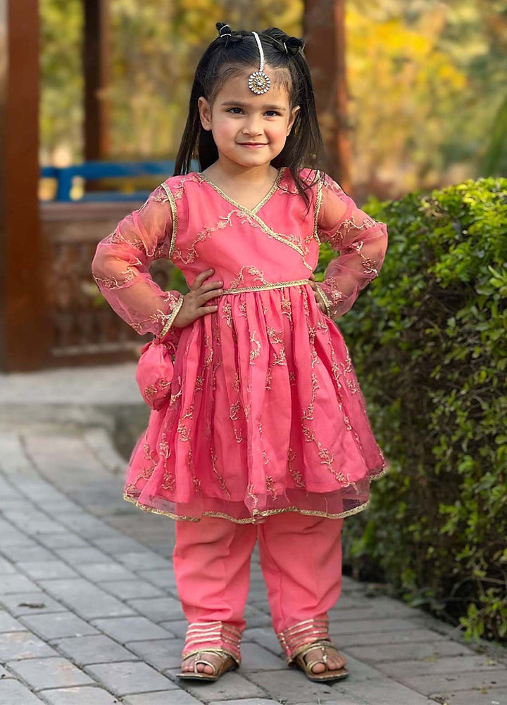 Modest Girls Pret Embroidered Net 3 Piece Suit Pink - Wedding Collection