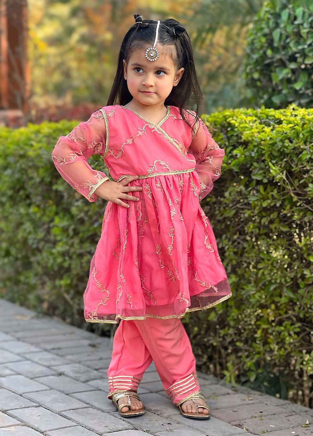 Modest Girls Pret Embroidered Net 3 Piece Suit Pink - Wedding Collection