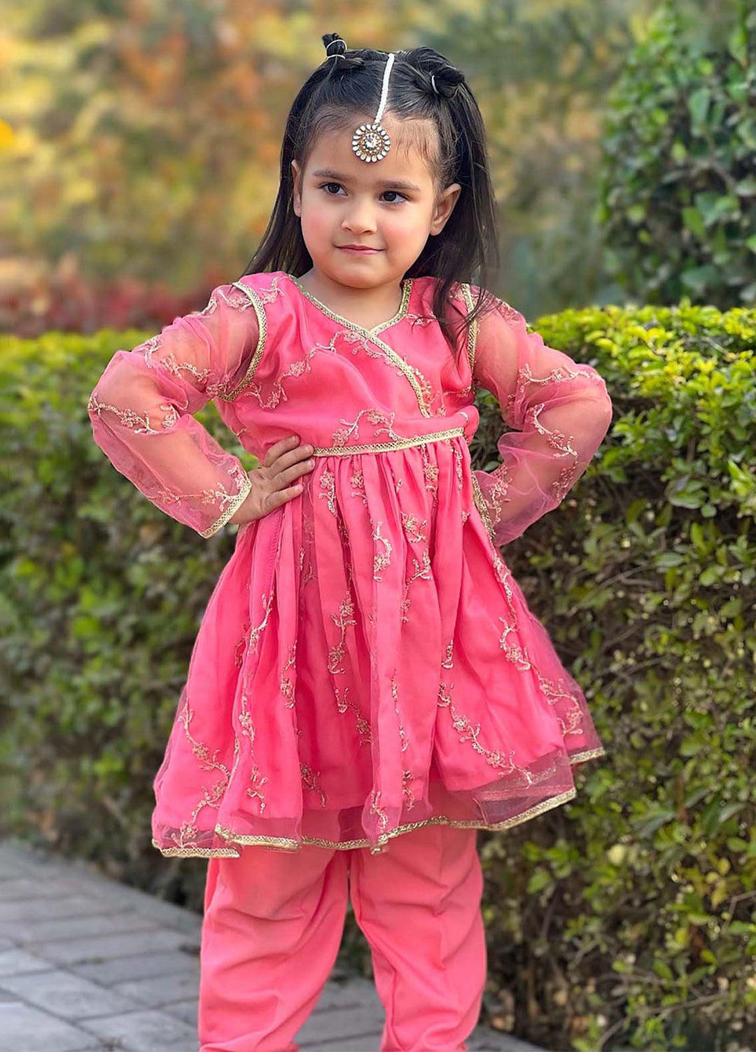 Modest Girls Pret Embroidered Net 3 Piece Suit Pink - Wedding Collection