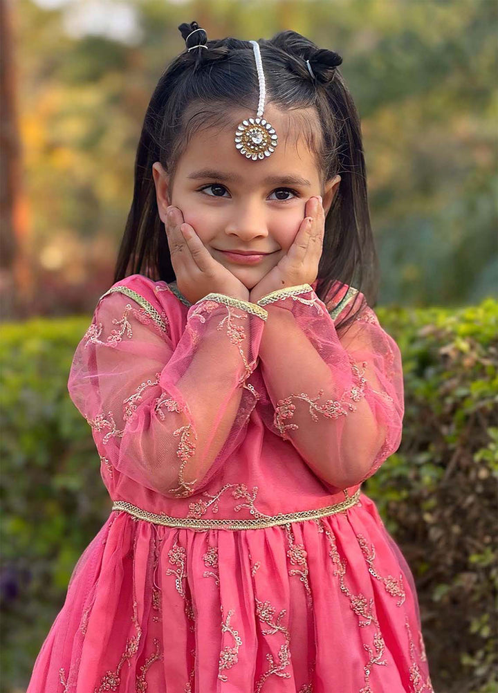 Modest Girls Pret Embroidered Net 3 Piece Suit Pink - Wedding Collection