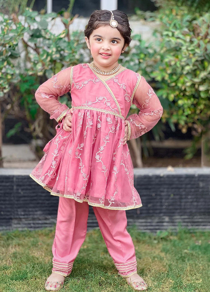 Modest Girls Pret Embroidered Net 3 Piece Suit Tea Pink - Wedding Collection