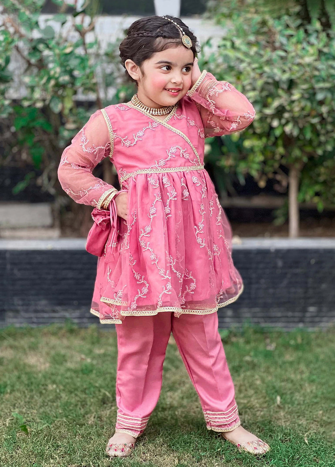 Modest Girls Pret Embroidered Net 3 Piece Suit Tea Pink - Wedding Collection